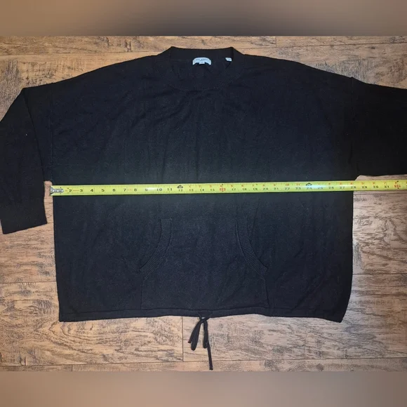 Black Knit Pull Over Sweater Drawstring Front Pocket 3/4 Sleeve Crew Neck Plus 3 - Picture 7 of 11